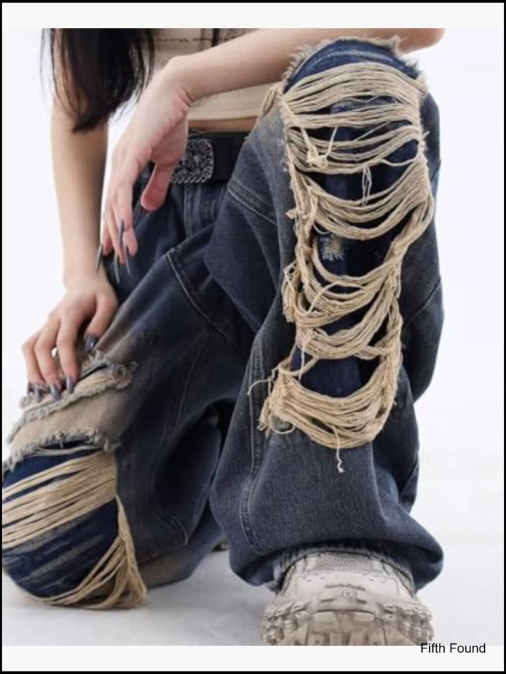 Baggy High Waisted Ripped Straight Leg Jeans Distressed Y2K Grunge - Picture 5 of 5